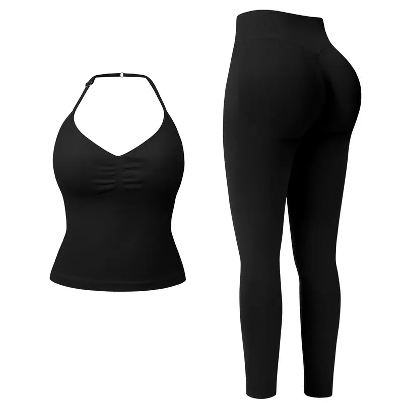 Ncmryu Women Halter Workout 2 Piece Outfit Set, Ultra Stretch Ruched Crop Tank Top & High Waist Seamless Leggings, Roll Resistant Breathable Butt Lifting Activewear Suit for Yoga Pilates Gym Daily Casual Wear