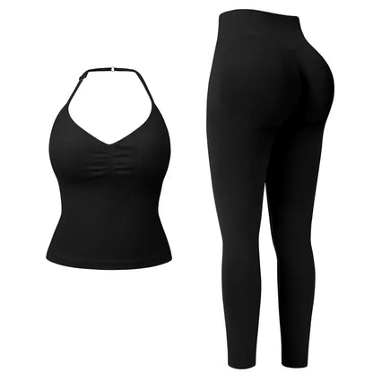 Ncmryu Women Halter Workout 2 Piece Outfit Set, Ultra Stretch Ruched Crop Tank Top & High Waist Seamless Leggings, Roll Resistant Breathable Butt Lifting Activewear Suit for Yoga Pilates Gym Daily Casual Wear