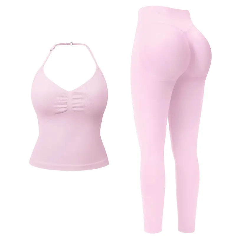 Ncmryu Women Halter Workout 2 Piece Outfit Set, Ultra Stretch Ruched Crop Tank Top & High Waist Seamless Leggings, Roll Resistant Breathable Butt Lifting Activewear Suit for Yoga Pilates Gym Daily Casual Wear