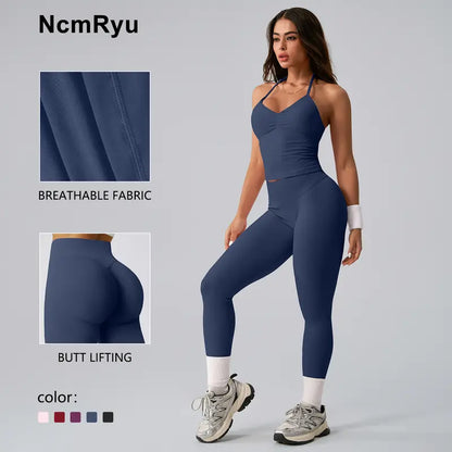 Ncmryu Women Halter Workout 2 Piece Outfit Set, Ultra Stretch Ruched Crop Tank Top & High Waist Seamless Leggings, Roll Resistant Breathable Butt Lifting Activewear Suit for Yoga Pilates Gym Daily Casual Wear