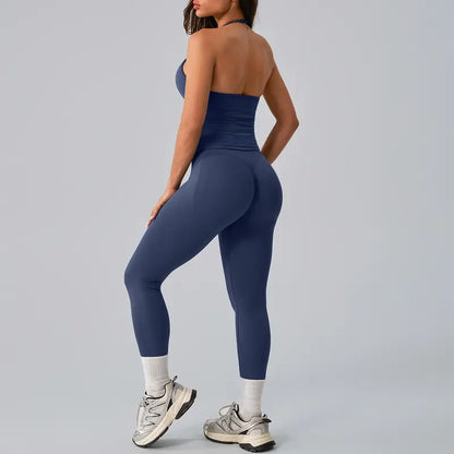 Ncmryu Women Halter Workout 2 Piece Outfit Set, Ultra Stretch Ruched Crop Tank Top & High Waist Seamless Leggings, Roll Resistant Breathable Butt Lifting Activewear Suit for Yoga Pilates Gym Daily Casual Wear