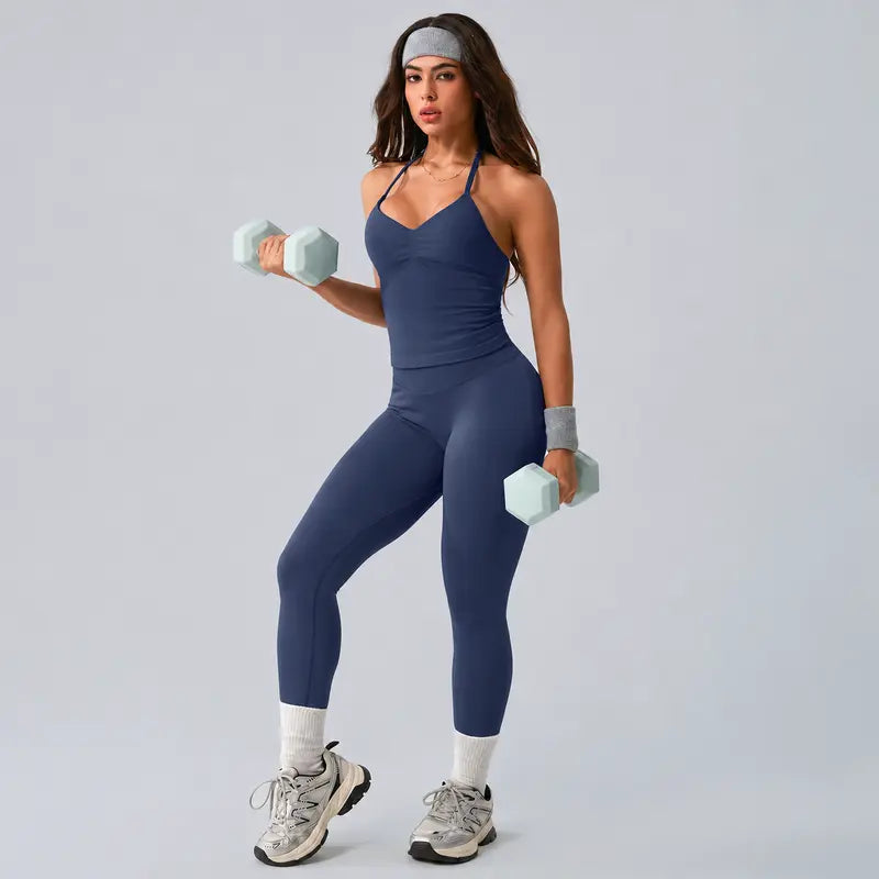 Ncmryu Women Halter Workout 2 Piece Outfit Set, Ultra Stretch Ruched Crop Tank Top & High Waist Seamless Leggings, Roll Resistant Breathable Butt Lifting Activewear Suit for Yoga Pilates Gym Daily Casual Wear