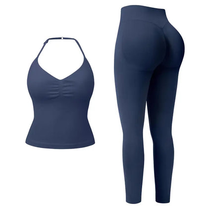 Ncmryu Women Halter Workout 2 Piece Outfit Set, Ultra Stretch Ruched Crop Tank Top & High Waist Seamless Leggings, Roll Resistant Breathable Butt Lifting Activewear Suit for Yoga Pilates Gym Daily Casual Wear
