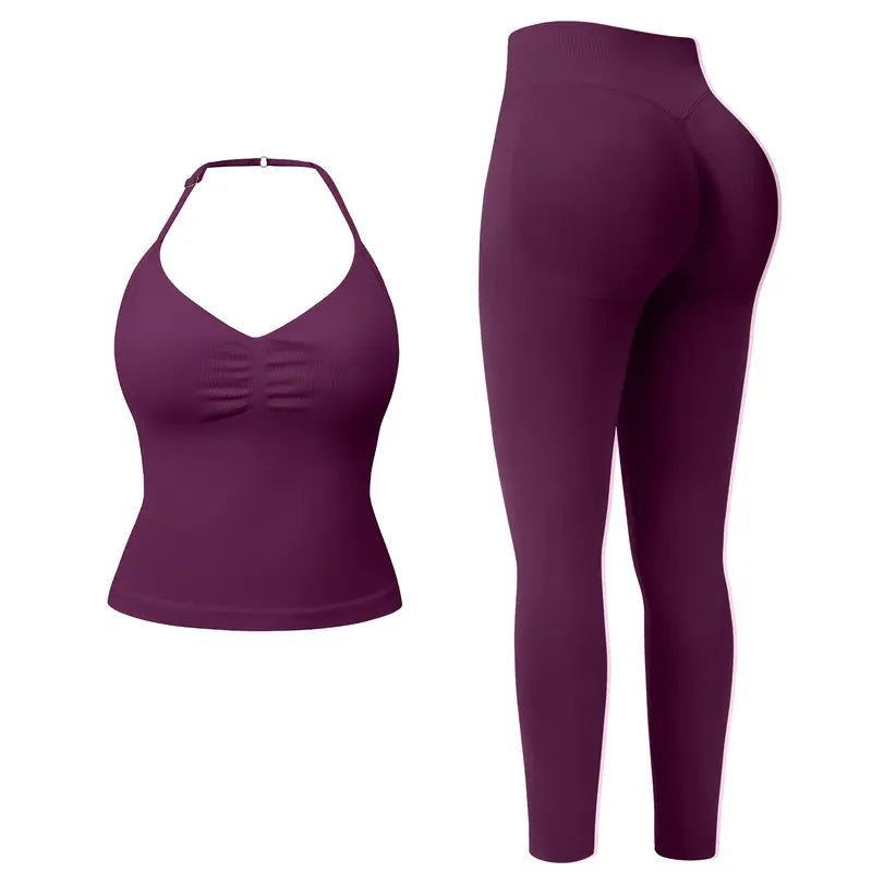 Ncmryu Women Halter Workout 2 Piece Outfit Set, Ultra Stretch Ruched Crop Tank Top & High Waist Seamless Leggings, Roll Resistant Breathable Butt Lifting Activewear Suit for Yoga Pilates Gym Daily Casual Wear