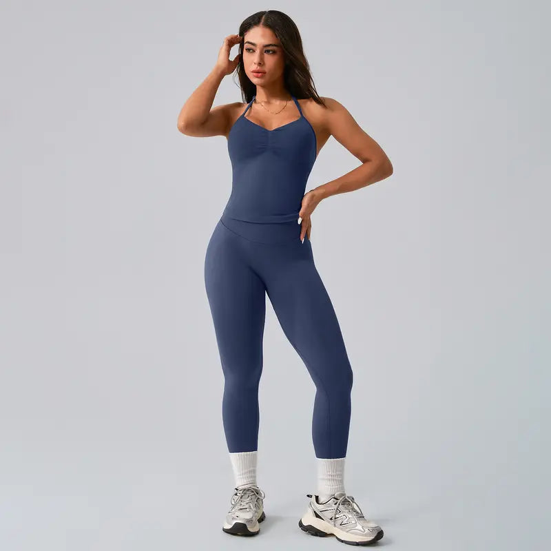 Ncmryu Women Halter Workout 2 Piece Outfit Set, Ultra Stretch Ruched Crop Tank Top & High Waist Seamless Leggings, Roll Resistant Breathable Butt Lifting Activewear Suit for Yoga Pilates Gym Daily Casual Wear