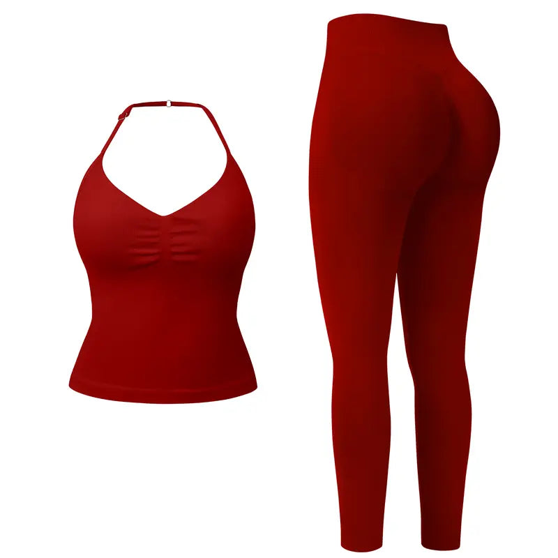 Ncmryu Women Halter Workout 2 Piece Outfit Set, Ultra Stretch Ruched Crop Tank Top & High Waist Seamless Leggings, Roll Resistant Breathable Butt Lifting Activewear Suit for Yoga Pilates Gym Daily Casual Wear