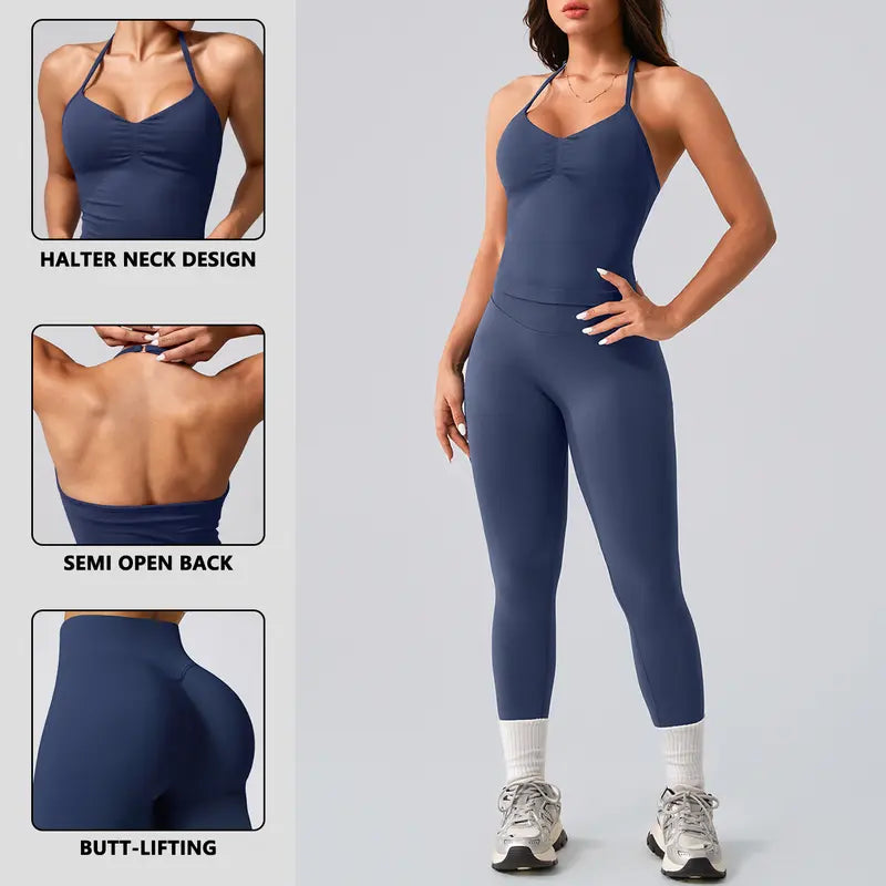 Ncmryu Women Halter Workout 2 Piece Outfit Set, Ultra Stretch Ruched Crop Tank Top & High Waist Seamless Leggings, Roll Resistant Breathable Butt Lifting Activewear Suit for Yoga Pilates Gym Daily Casual Wear